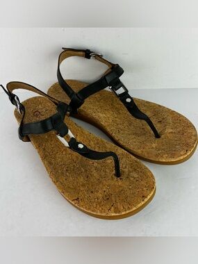 Ugg Aleigh Black Leather T-Strap Cork Sole Sandals